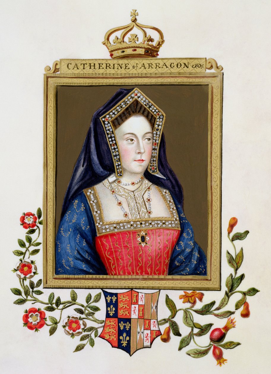 Retrato de Catarina de Aragão (1485-1536) 1ª Rainha de Henrique VIII de &39;Memórias do Tribunal da Rainha Elizabeth&39;, publicado em 1825 (wc e guache sobre papel) de Sarah Countess of Essex
