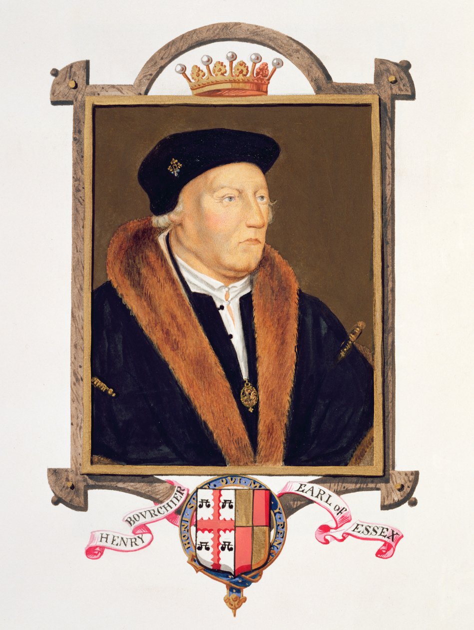 Retrato de Henry Bourchier (d.1539) 2º Conde de Essex de &39;Memórias do Tribunal da Rainha Elizabeth&39;, publicado em 1825 (wc e guache sobre papel) de Sarah Countess of Essex
