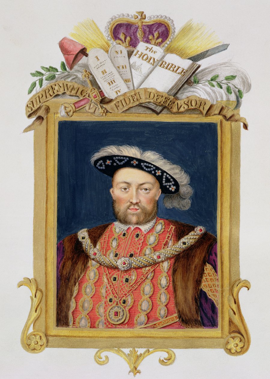 Retrato de Henrique VIII (1491-1547) como Defensor da Fé de &39;Memórias da Corte da Rainha Elizabeth&39;, depois de um retrato inspirado no afresco de Hans Holbein (14978-1543) em Hampton Court, publicar de Sarah Countess of Essex
