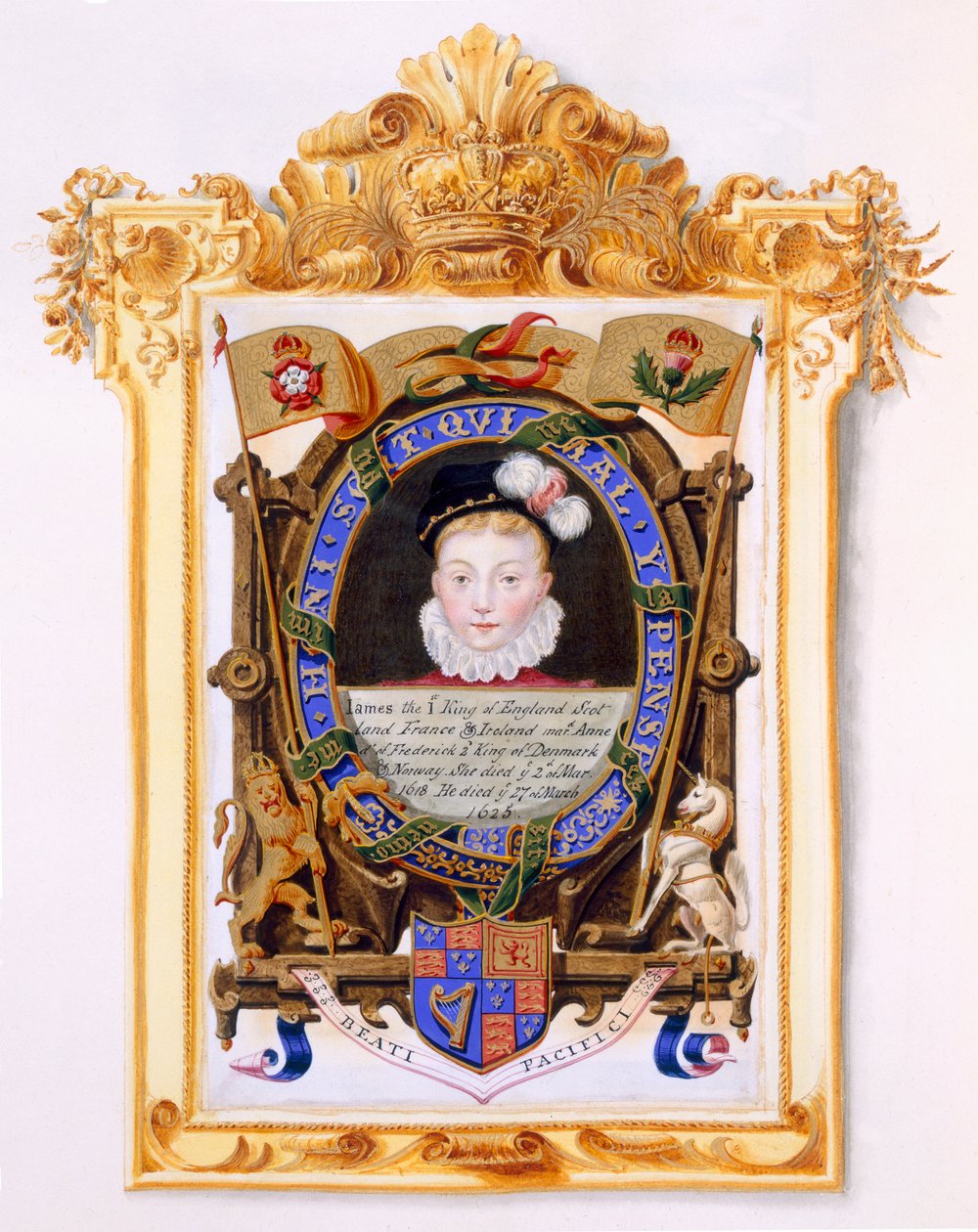 Retrato de Jaime VI da Escócia (1566-1625) Mais tarde Jaime I da Inglaterra como garoto c.1574 de &39;Memórias da Corte da Rainha Elizabeth&39;, publicado em 1825 (wc e guache sobre papel) de Sarah Countess of Essex