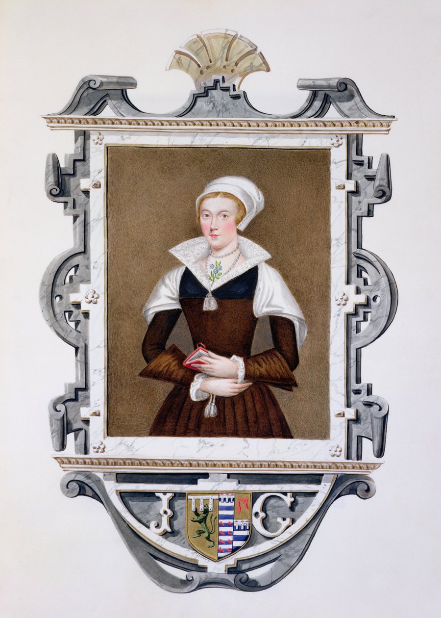 Retrato de Lady Jane Gray (1537-1554), &39;Nine-Days Queen&39;, de &39;Memórias do Tribunal da Rainha Elizabeth&39;, publicado em 1825 (wc e guache sobre papel) de Sarah Countess of Essex