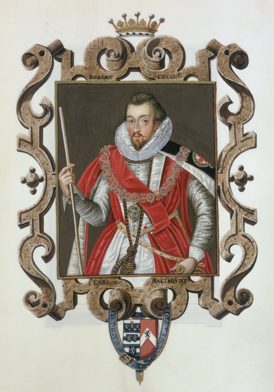 Retrato de Robert Cecil (1563-1612) 1º Conde de Salisbury, de &39;Memórias do Tribunal da Rainha Elizabeth&39;, publicado em 1825 (wc e guache sobre papel) de Sarah Countess of Essex
