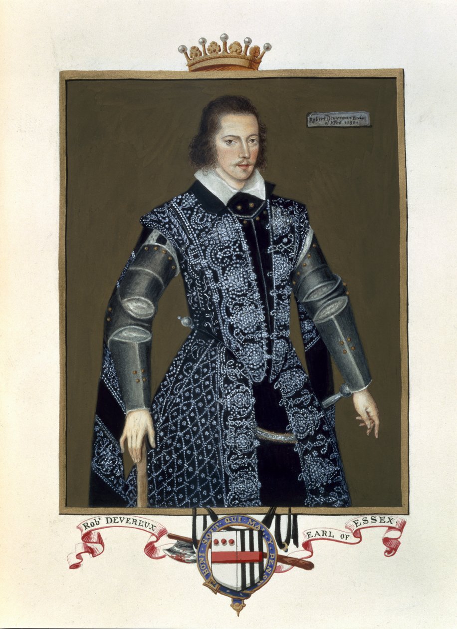 Retrato de Robert Devereux (1566-1601) 2º Conde de Essex de Memórias do Tribunal da Rainha Elizabeth depois do óleo de Sir William Segar (fl.1913-d.1633) publicado em 1825 (wc e guache sobre papel) de Sarah Countess of Essex