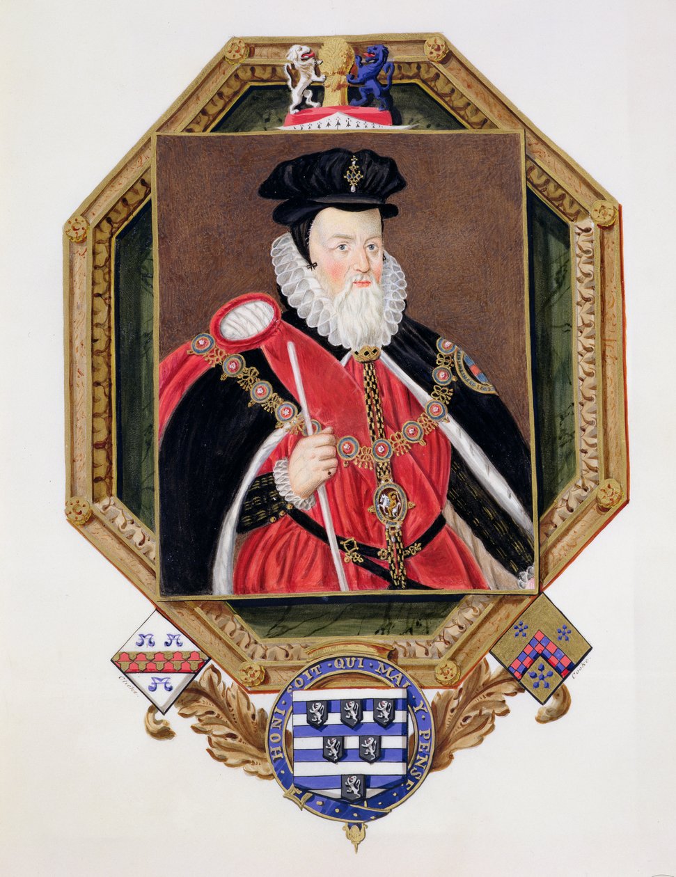 Retrato de William Cecil (1520-98) 1º Barão Burghley de Memórias do Tribunal da Rainha Elizabeth, depois de uma foto de Marcus Gheeraerts, o Jovem (c.1561-1635) publicada em 1825 (wc e guache) de Sarah Countess of Essex