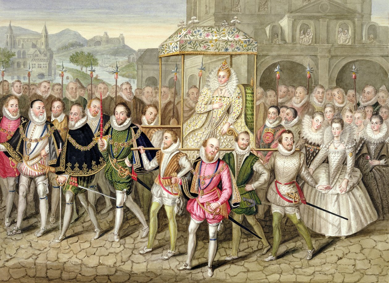 Rainha Elizabeth I em procissão com seus cortesãos (c.160003) de &39;Memórias do Tribunal da Rainha Elizabeth&39; depois de um óleo atribuído a Robert Peake (c.1592-1667) no Castelo de Sherborne, publicado em 18 de Sarah Countess of Essex