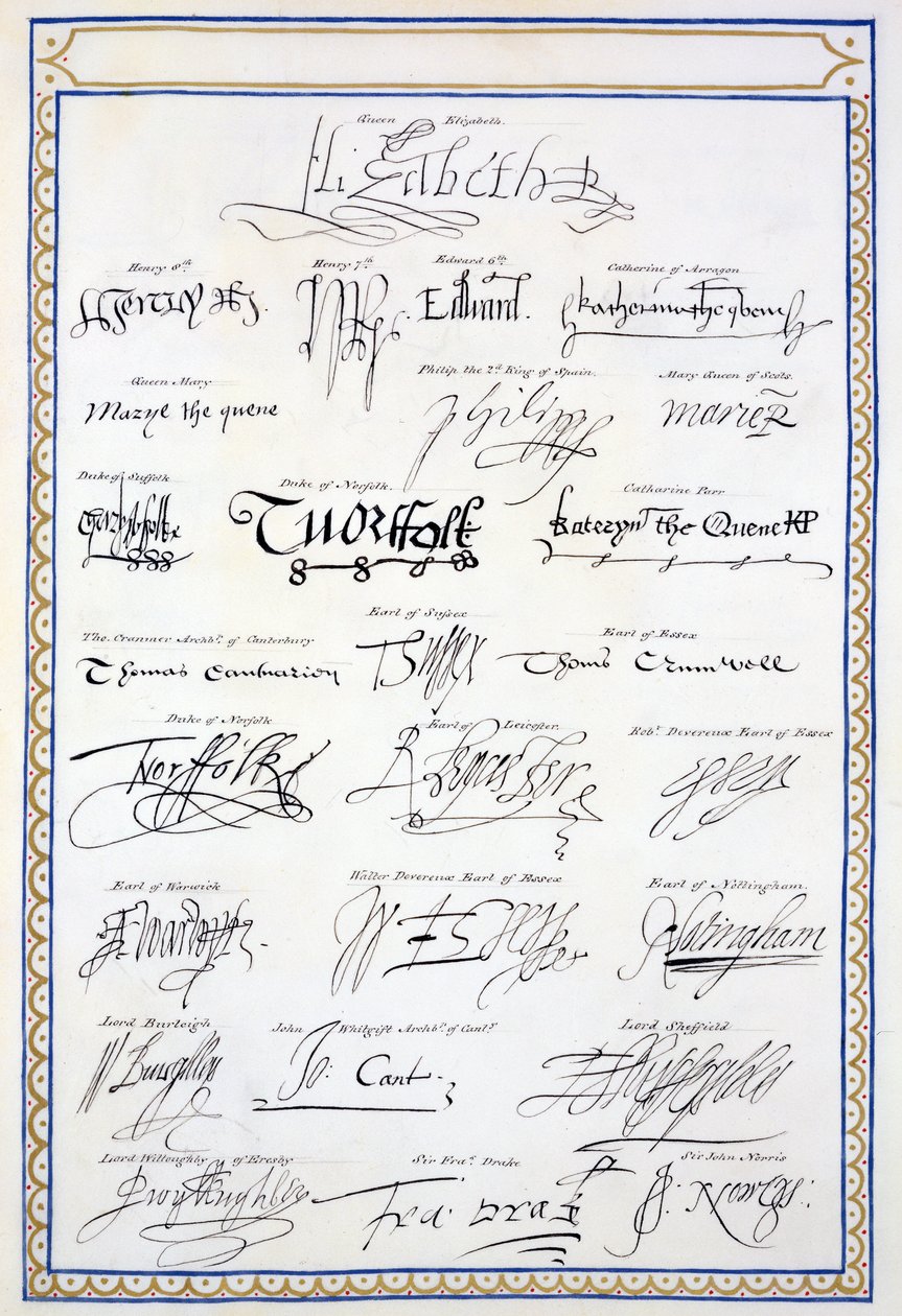 Reprodução de Assinaturas dos Tudors e seu Tribunal de &39;Memórias do Tribunal da Rainha Elizabeth&39;, publicado em 1825 (caneta e tinta no papel) de Sarah Countess of Essex