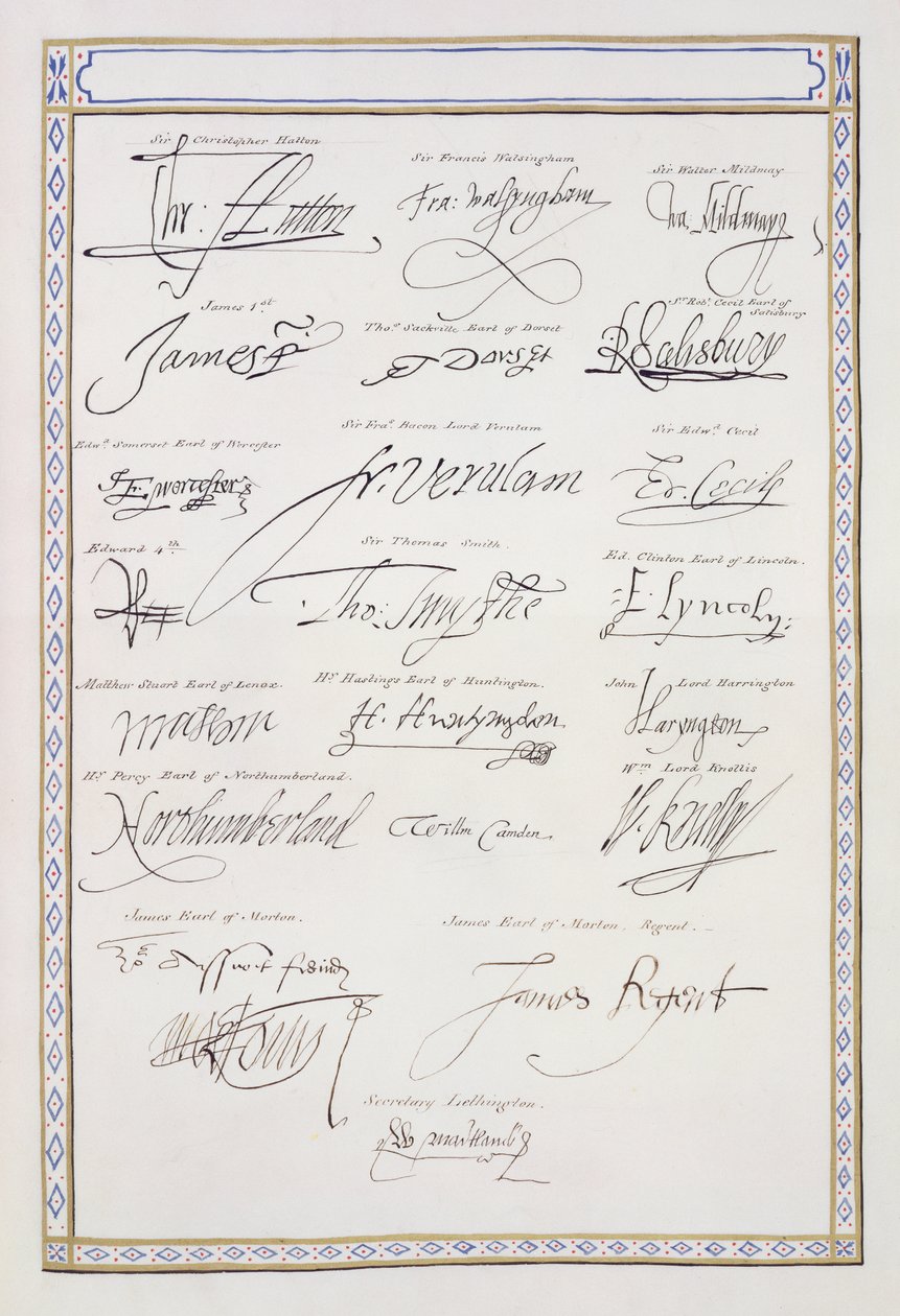 Reprodução de Assinaturas dos Tudors e seu Tribunal de &39;Memórias do Tribunal da Rainha Elizabeth&39;, publicado em 1825 (caneta e tinta no papel) de Sarah Countess of Essex