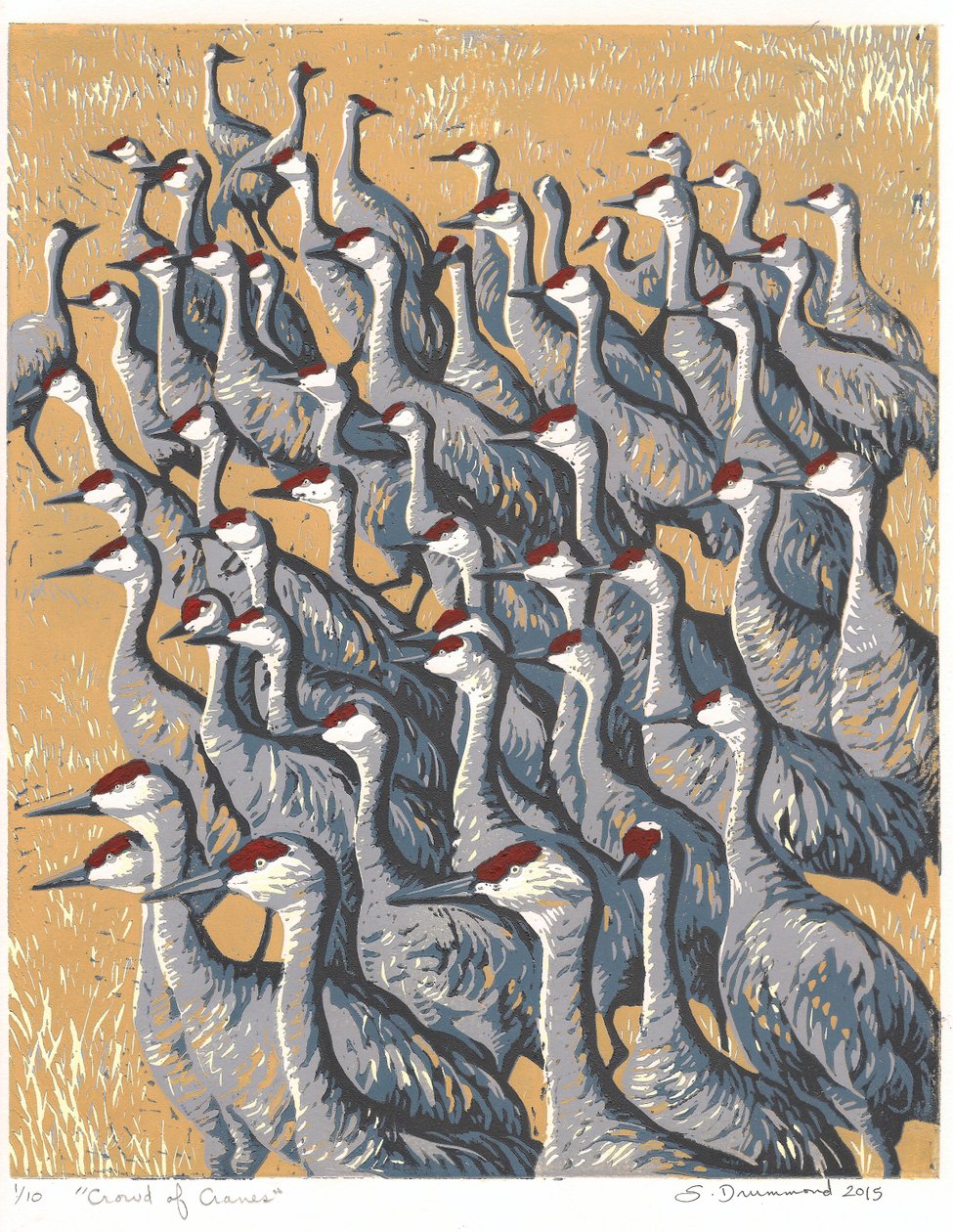 Multidão de gruas, 2015 (linogravura) de Sarah Drummond
