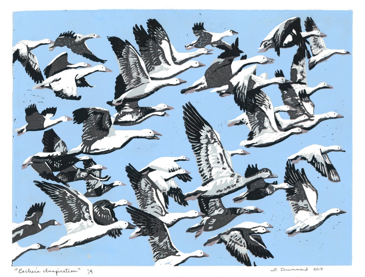 Inspiração de Escher, 2017 (linóleo) de Sarah Drummond