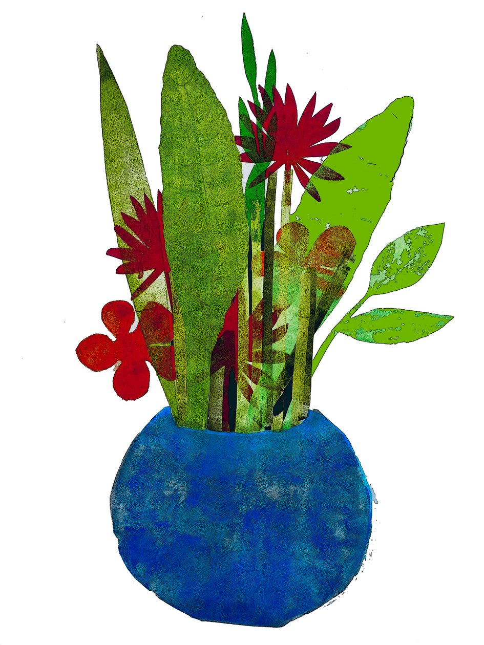 "Taça de folhas e flores" (mono impressão) 2020 de Sarah Thompson Engels
