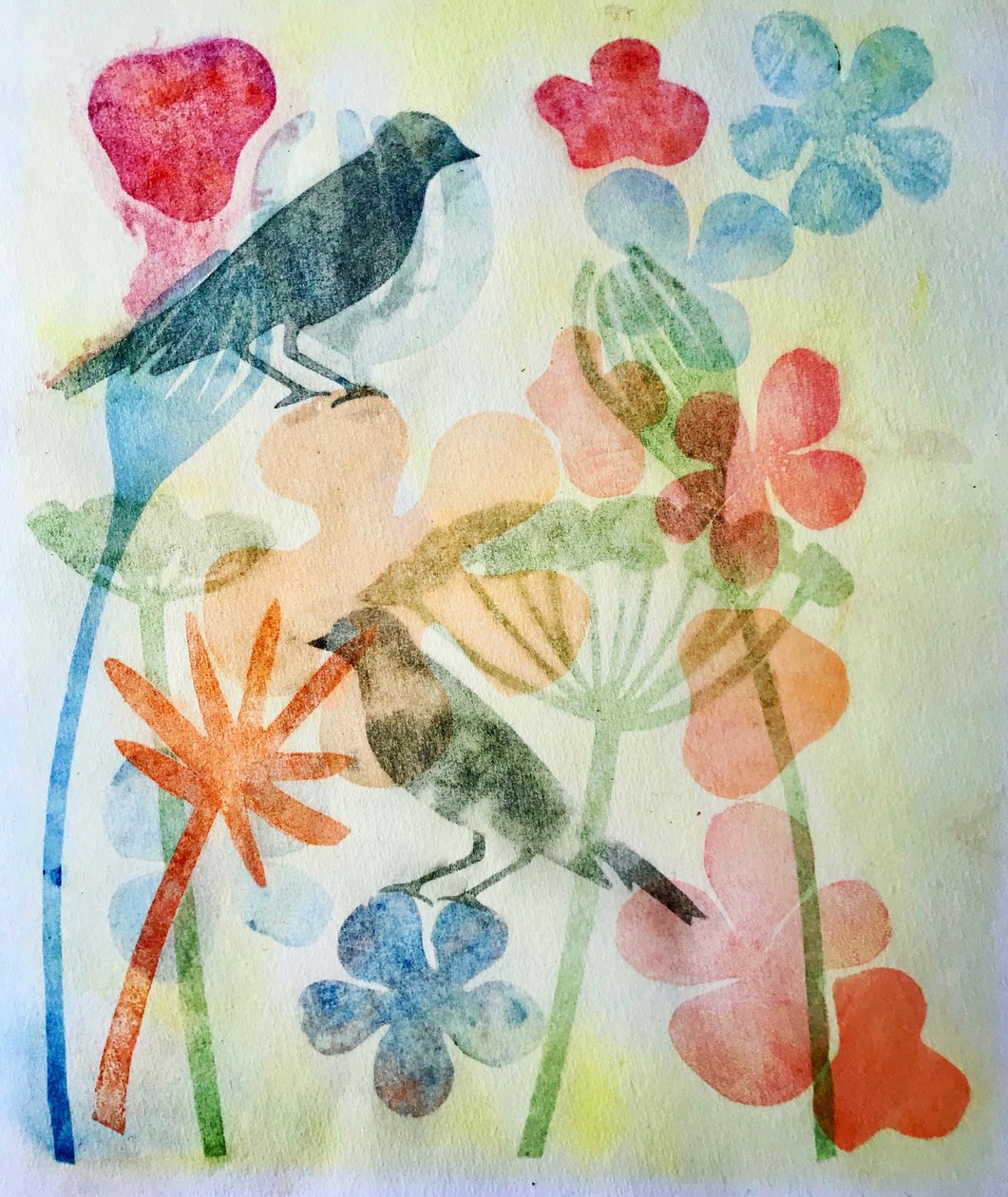 Dois pássaros e flores,2019 (Tinta monoprint) de Sarah Thompson Engels