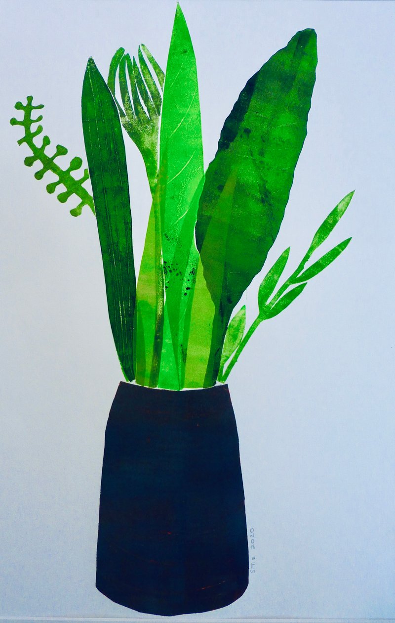 Vaso de folhas (monoimpressão sobre papel) 2020 de Sarah Thompson Engels