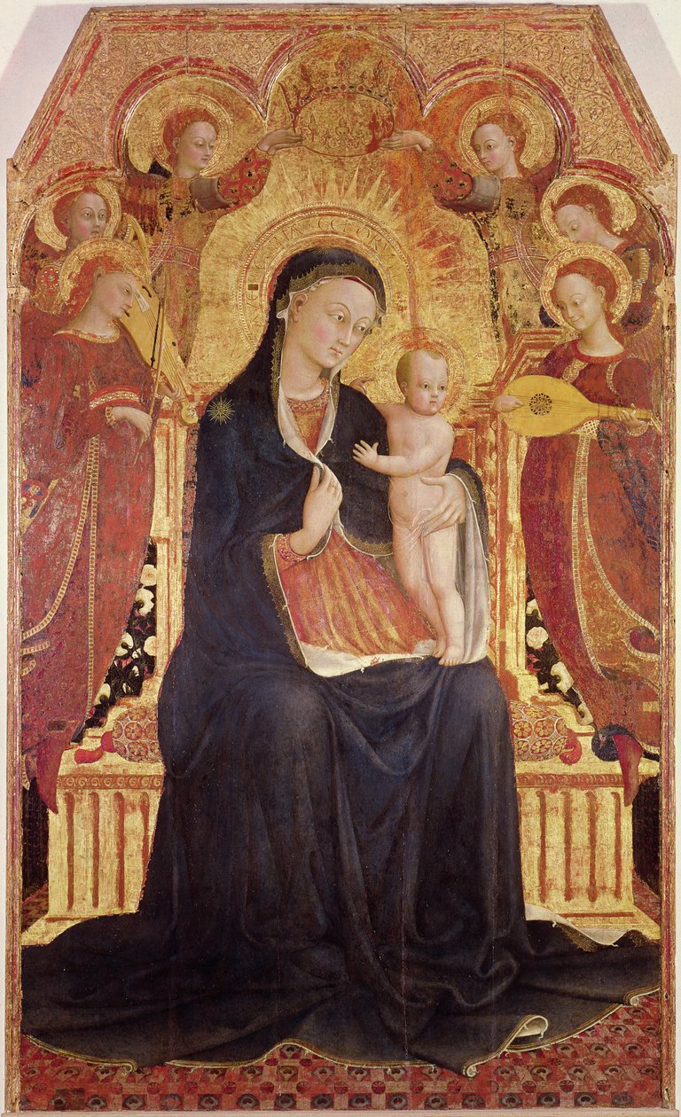 Madonna and Child entronizado com seis anjos, painel central de um retábulo, 1437-44 (detalhe de 95743) de Stefano Sassetta