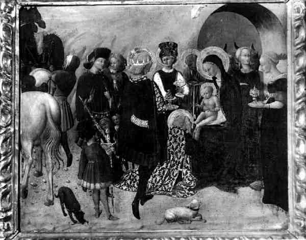 A Adoração dos Magos (tempera no painel) (foto a p/b) de Sassetta (c.1392 1450)