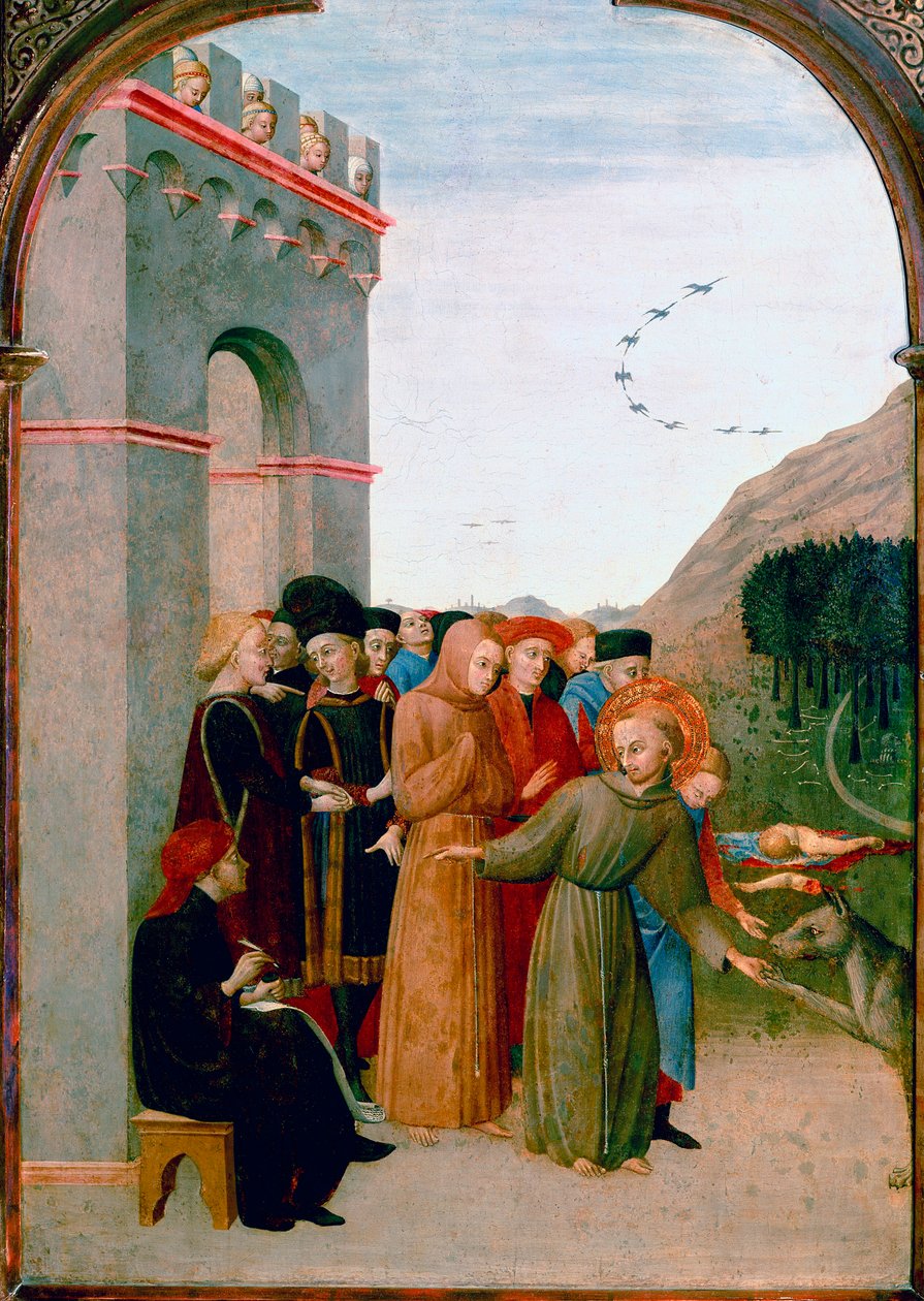 São François de Assis falando com o lobo de Gubbio (detalhe) (tempera de ovo no painel de álamo) de Sassetta (c.1392 1450)