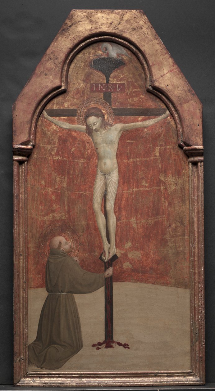 São Francisco ajoelhado diante de Cristo na cruz de Sassetta