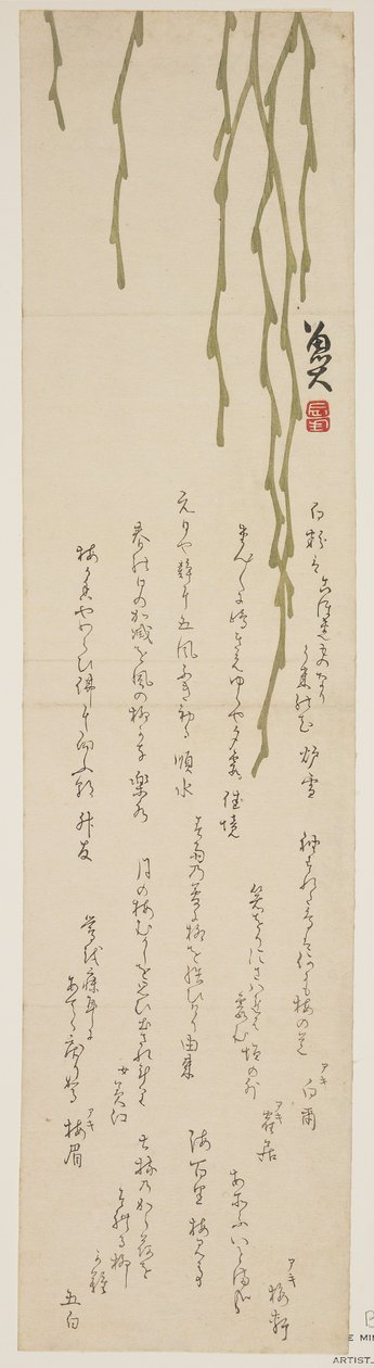 Salgueiro caído, 1818-1829 (impressão do woodblock da cor) de Sat Masuyuki