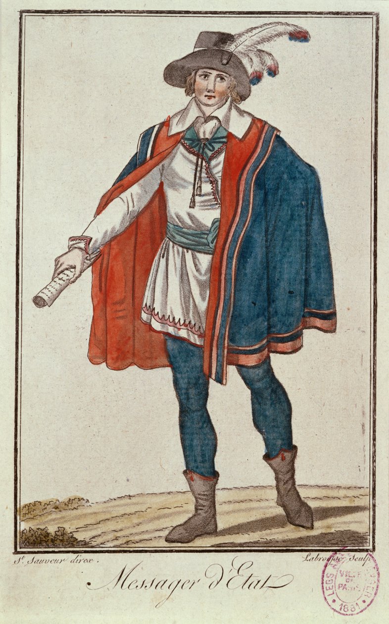 Mensageiro oficial do Estado durante o período &39;Directoire&39; na França, de &39;Trajes dos Representantes do Povo Francês&39;, gravado por Labrousse, 1790 de Sauveur Legros or Le Gros