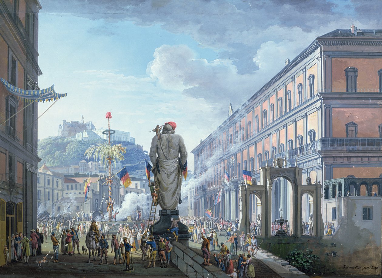 O Palazzo Reale, no momento em que a árvore da liberdade foi cortada e as tropas em massa foram dirigidas pelos ingleses em 1799, 1800 de Saviero Xavier della Gatta