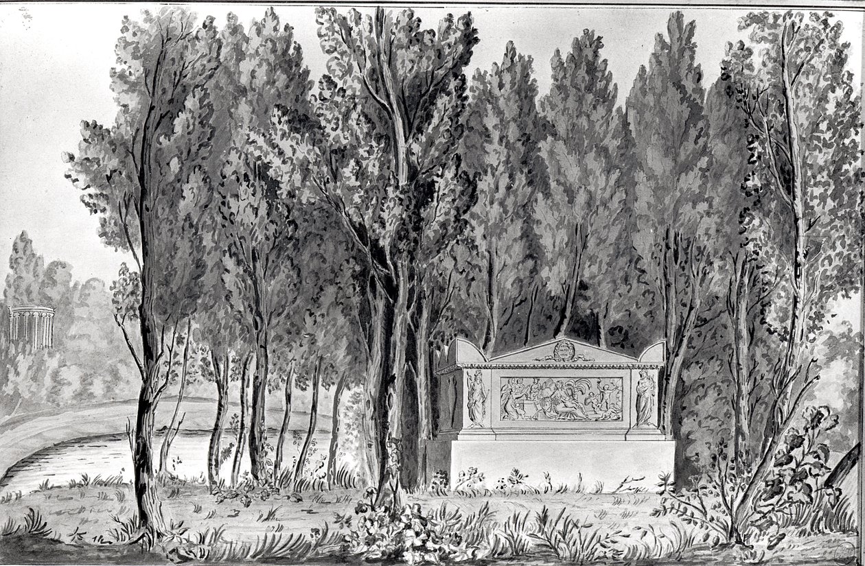 Túmulo de Jean-Jacques Rousseau (1712-78) em Ermenonville (desenho) de Savigny