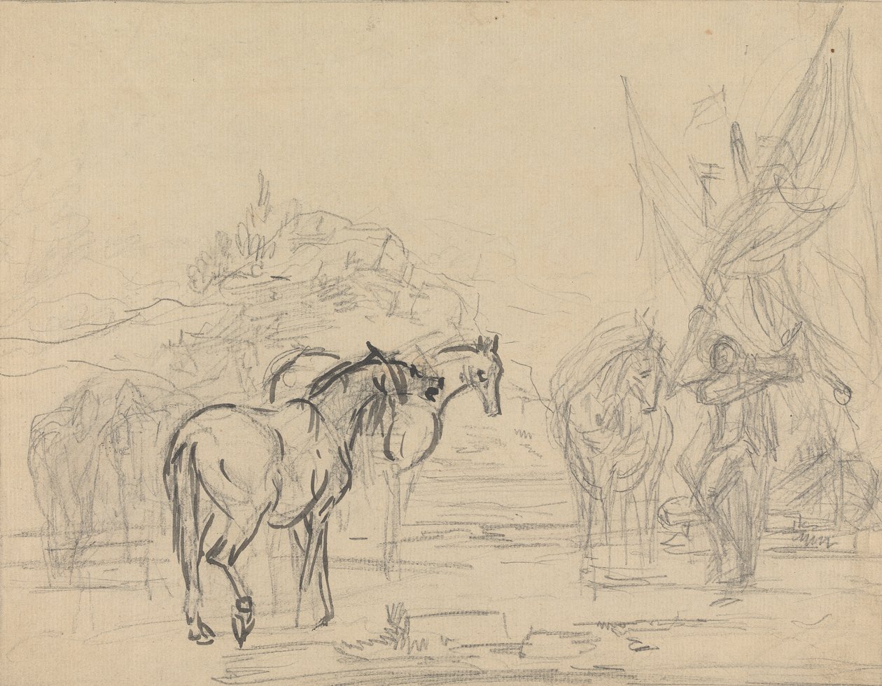 Desenho animado para "Gulliver Taking Leave of the Land of Houyhnhms" de Sawrey Gilpin
