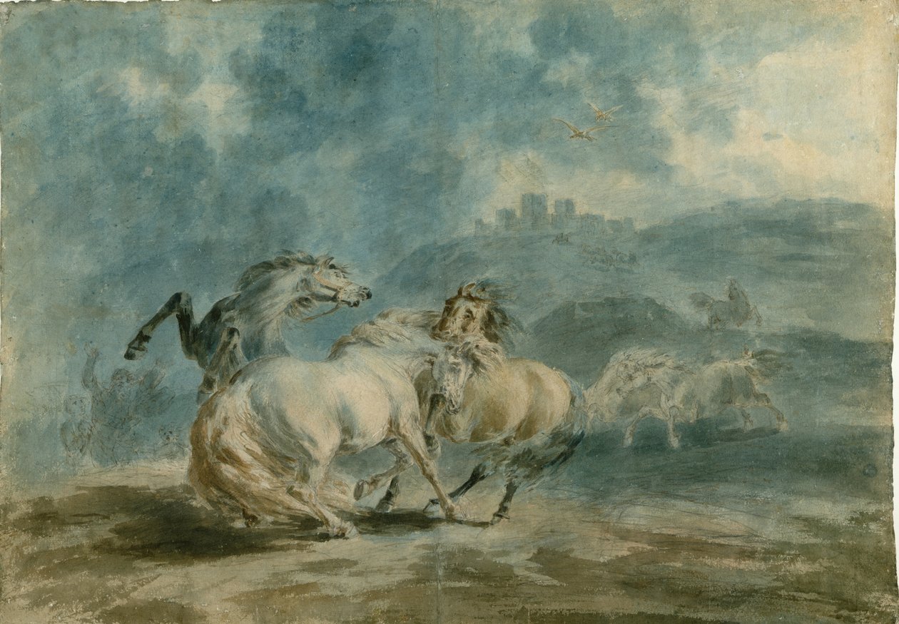 Cavalos Lutando (wc sobre grafite em papel de textura pesada) de Sawrey Gilpin