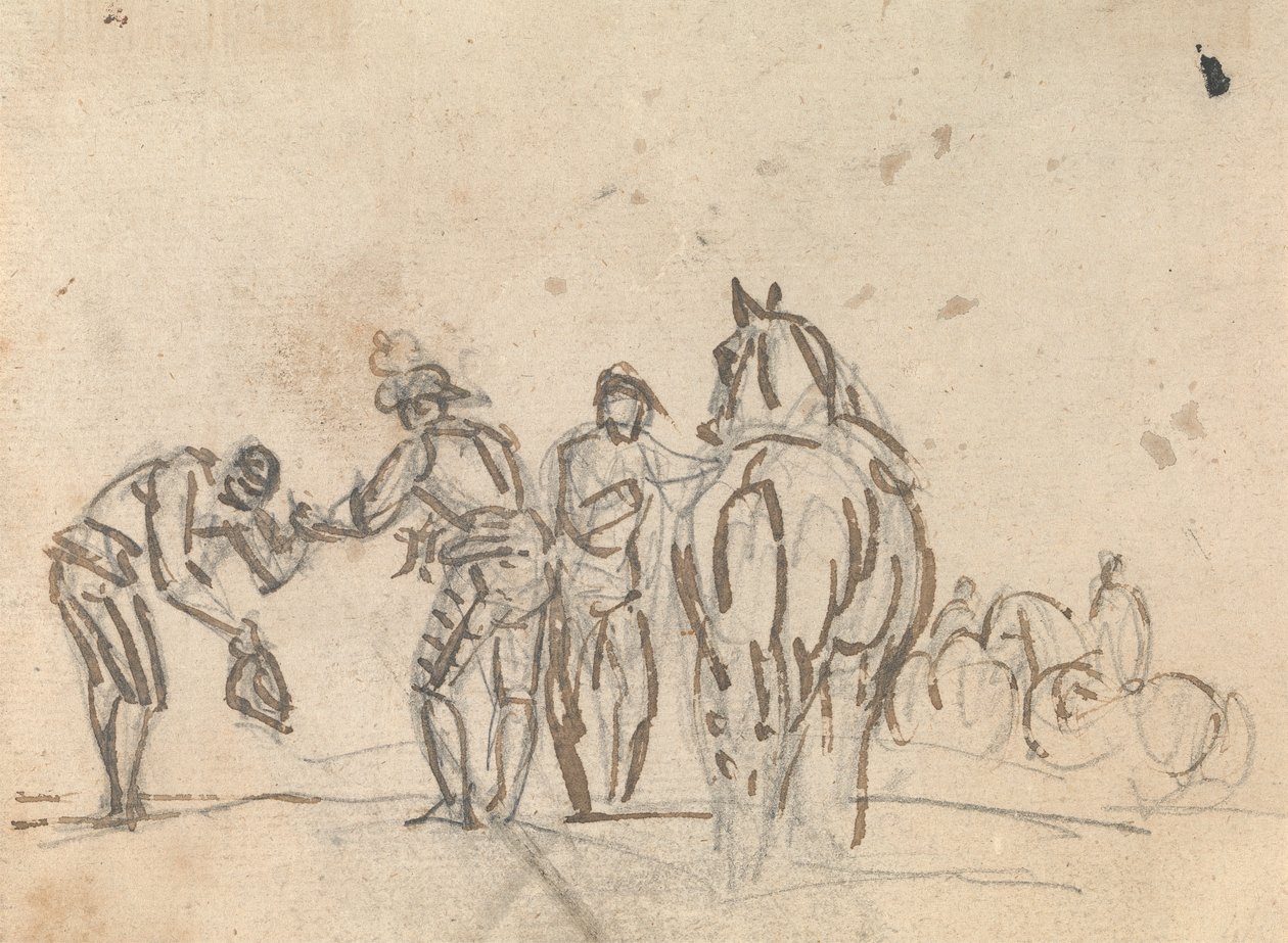 Três figuras ao lado de um cavalo de Sawrey Gilpin
