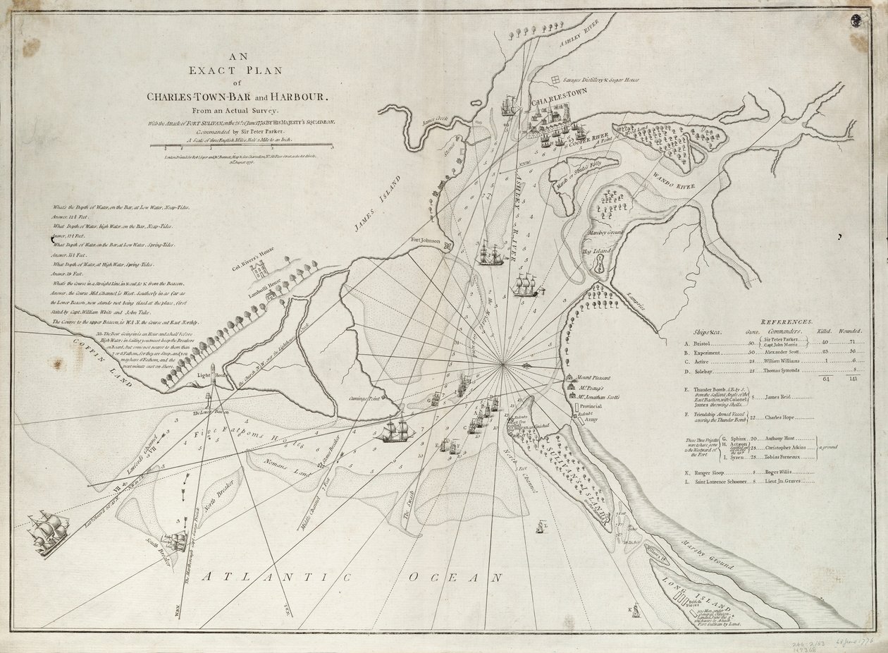 Um plano exato da barra e do porto de Charles Town, a partir de um levantamento real com o ataque ao Forte Sullivan, em 28 de junho de 1776, pela esquadra de Sua Majestade comandada por Sir Peter Parker de Sayer & Bennett