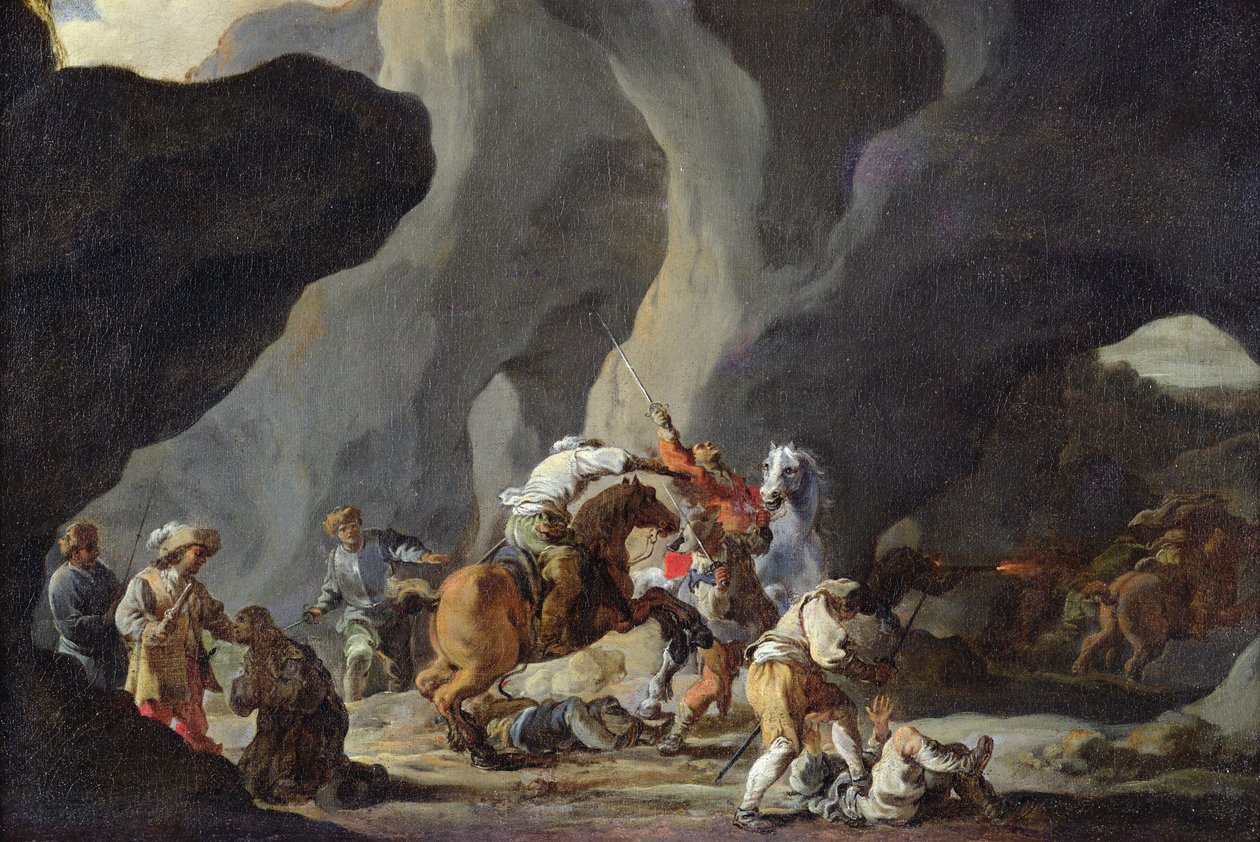 Ataque dos viajantes, c.1634-37 de Sébastien Bourdon