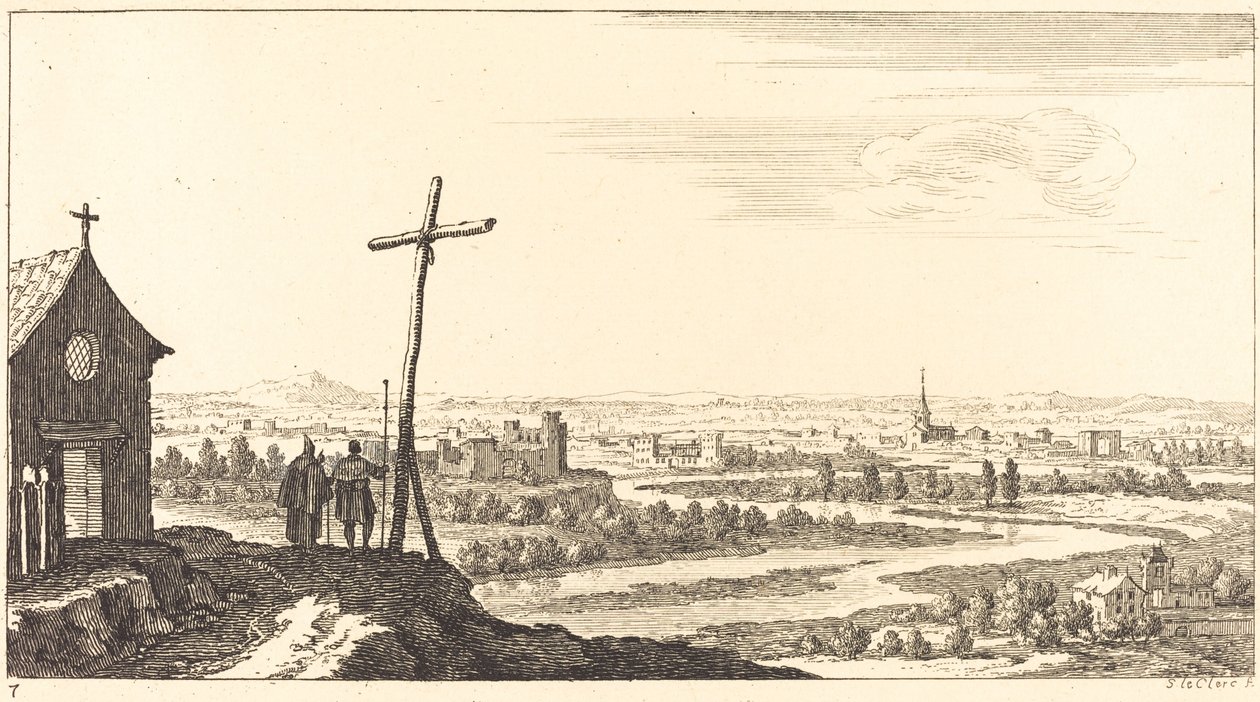 Paisagem com igreja e cidade à distância de Sébastien  Le Clerc I