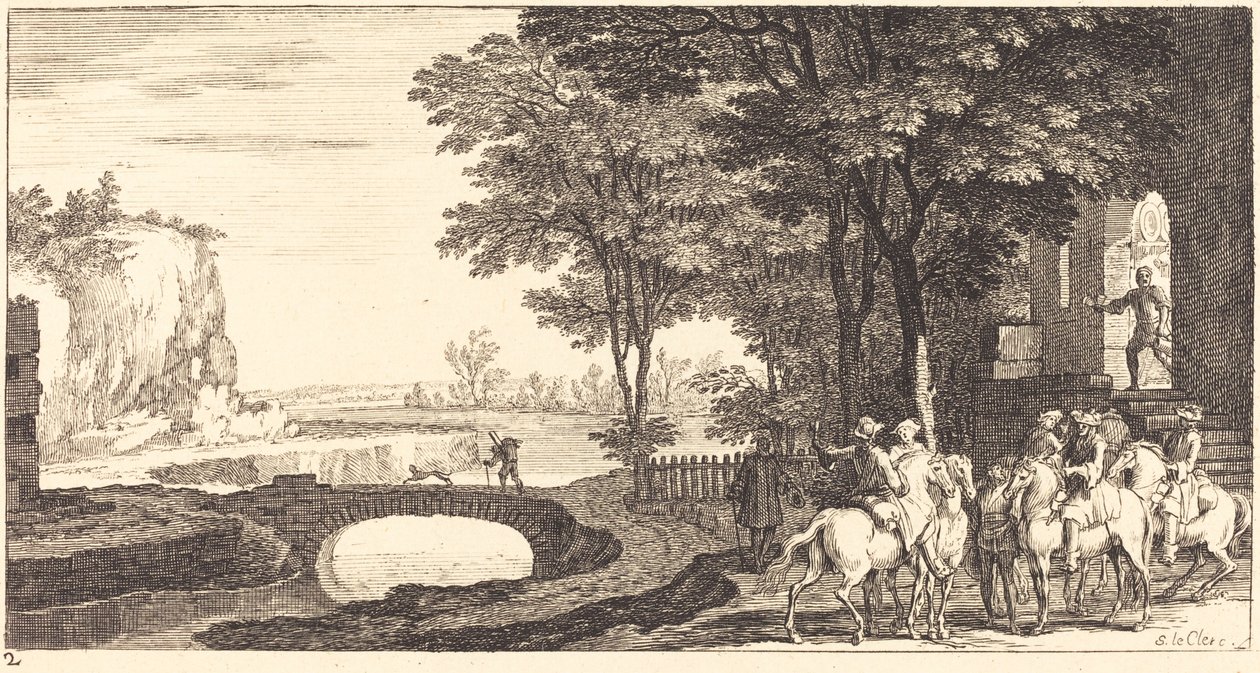 Paisagem com cavaleiros e ponte de Sébastien  Le Clerc I