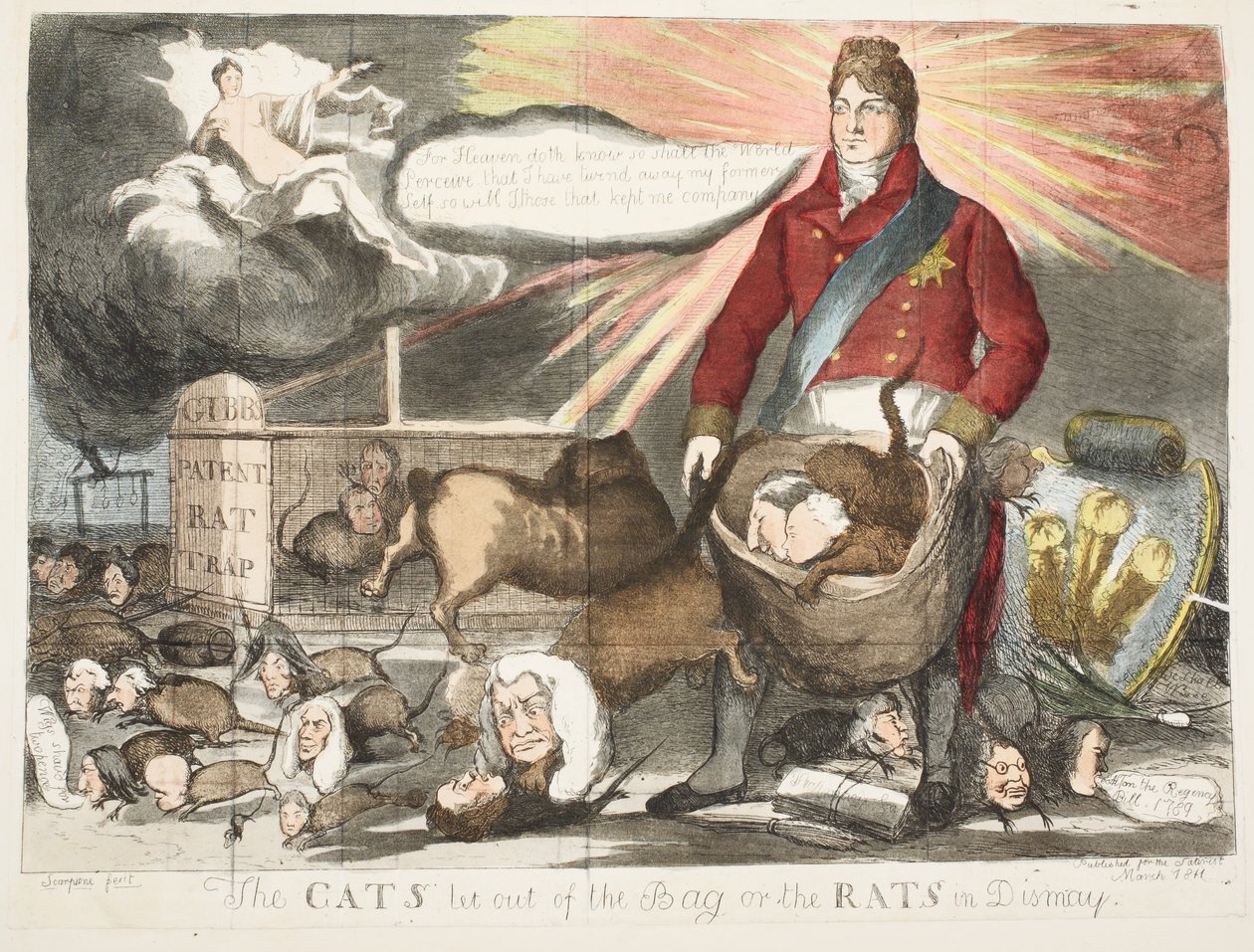 Os gatos saem da bolsa ou os ratos em desânimo, pub março de 1811 (gravura colorida à mão) de Scarpione