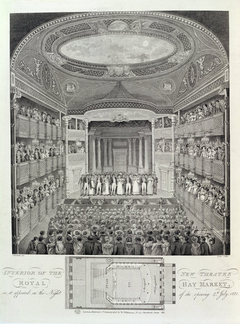 Interior do New Theatre Royal, Haymarket, como apareceu na noite de sua inauguração, 4 de julho de 1821, gravada por James Stow (c.1770-p.1823), 1823 de Schebbellie