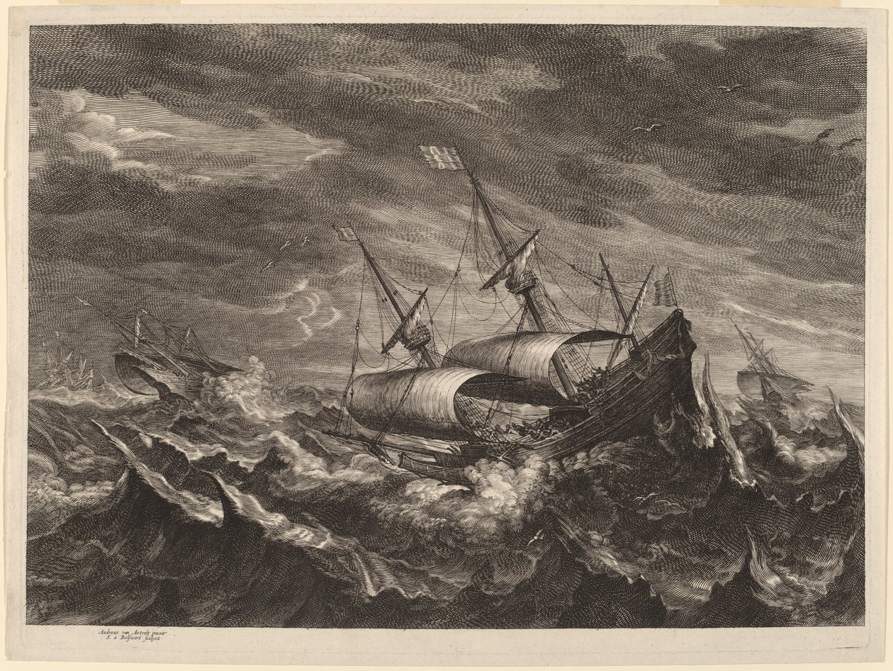 Barcos à vela em uma tempestade de Schelte Adams Bolswert after Andries van Eertvelt