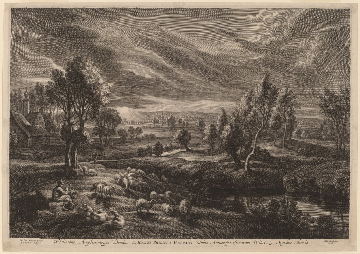 Uma paisagem com uma aldeia de Schelte Adams Bolswert after Sir Peter Paul Rubens