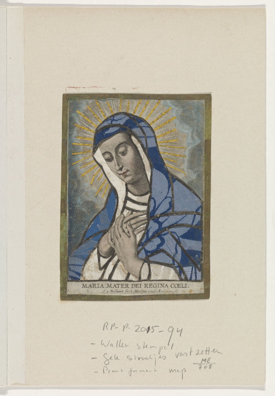 Impressão do Appliqué com Maria
Maria Mater Dei Regina Coeli (título sobre o objecto) de Schelte Adamsz. Bolswert