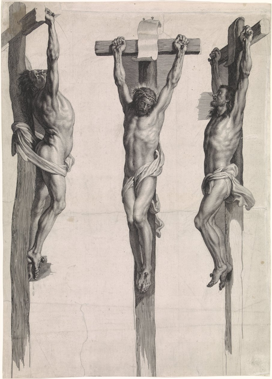 Cristo na cruz entre os dois criminosos crucificados de Schelte Adamsz. Bolswert
