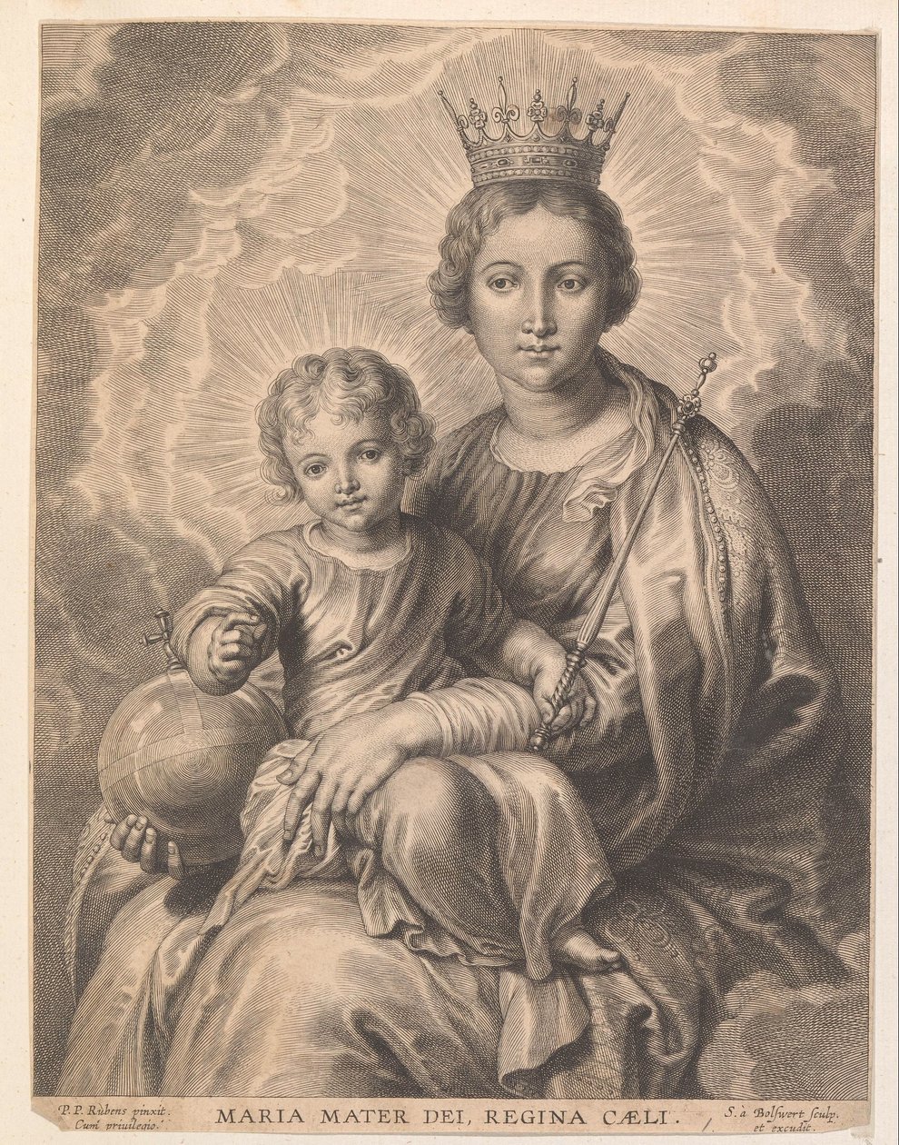 Mary com criança e globo Maria mater dei, regina caeli (título no objeto) de Schelte Adamsz. Bolswert