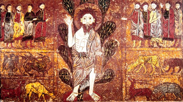 São João Batista pregando no deserto e rodeado de animais selvagens, do Altar Frontal de Gesera, século XIII de School of Aragon