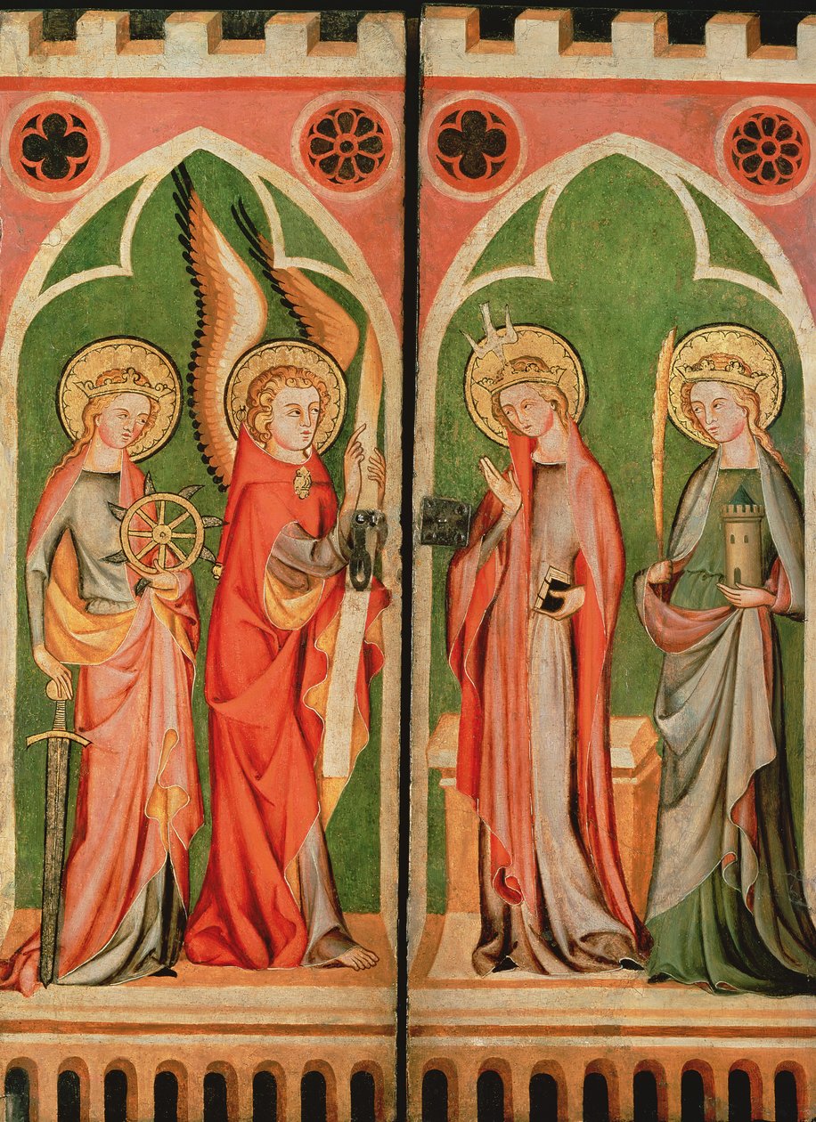 Anunciação com SS Barbara e Katherine, 1310-40 de School of Cologne