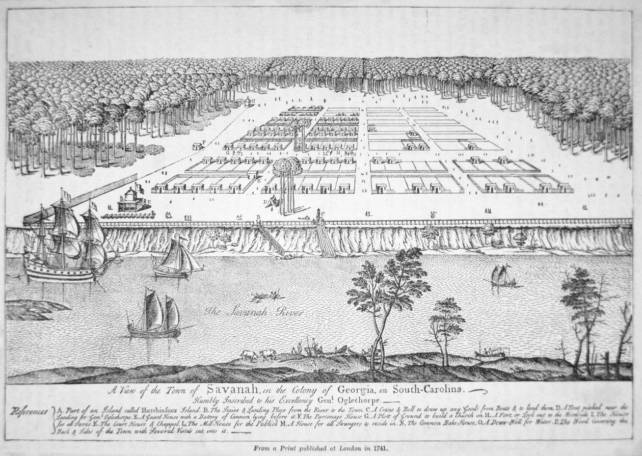 Uma vista de Savannah, Geórgia em 1741 (litho) de School American