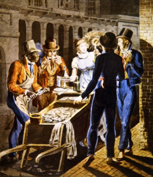 Um ostrevista que vende os seus artigos fora do Chestnut Street Theatre na Filadélfia, c.1796 (aguarela sobre papel) de School American