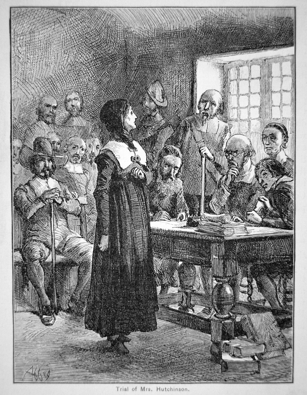 Anne Hutchinson em julgamento por ofender o clero Puritano em Massachusetts (litho) de School American