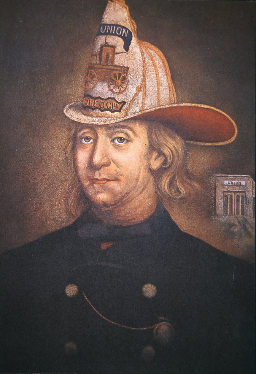 Benjamin Franklin vestindo o uniforme da Union Fire Company que fundou na Filadélfia em 1736 (cor litho) de School American