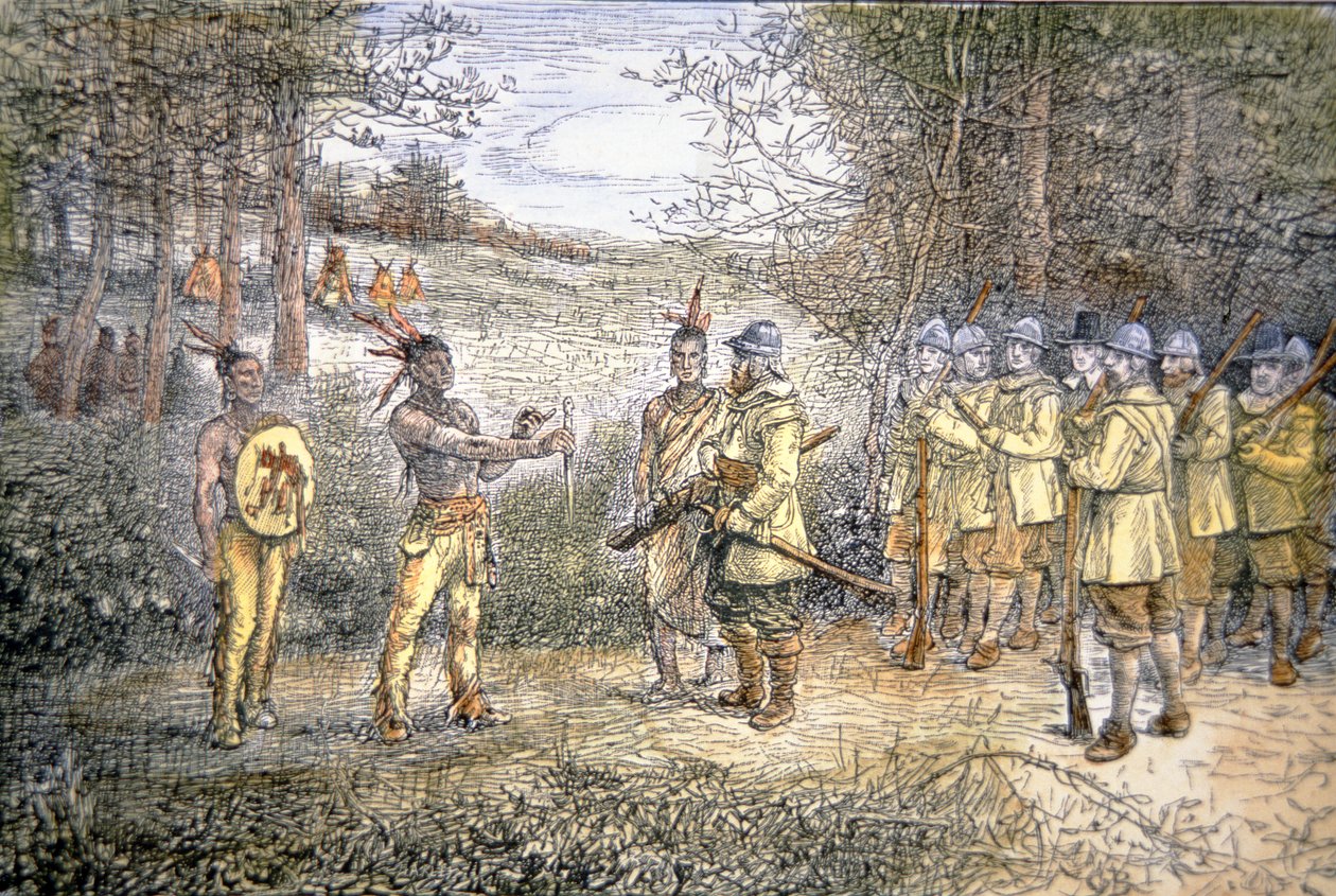 Capitão Miles Standish negocia com os índios Wampanoag em 1621 (cor litho) de School American
