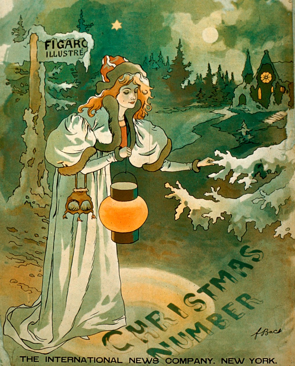 Cartaz de Natal com uma mulher segurando uma lanterna em frente a uma cabana coberta de neve (litografia) de School American