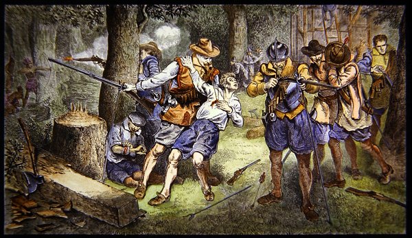 Defendendo o povoado infantil contra o ataque indígena na colônia de Jamestown, Virgínia, em 1607 (cor litho) de School American
