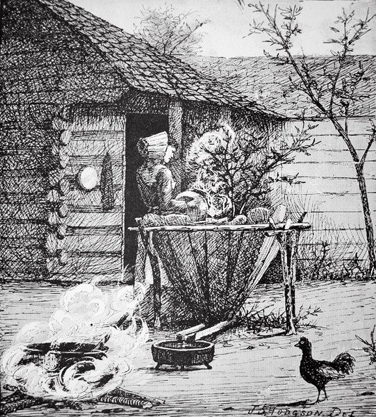 Cena da fazenda - uma mulher numa cuba de lavagem, depois de uma ilustração de J. S. Hodgson (litho) de School American