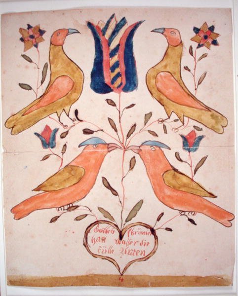 Four Birds, Tulip and Heart (aguarela sobre papel) de School American