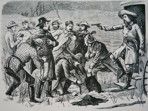 Quatro bandidos dominam e saqueiam dois oficiais e sete soldados perto de Bismarck, Território Dakota, do 
